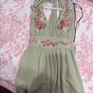 Floral Embroidered  Dress - Green and Pink